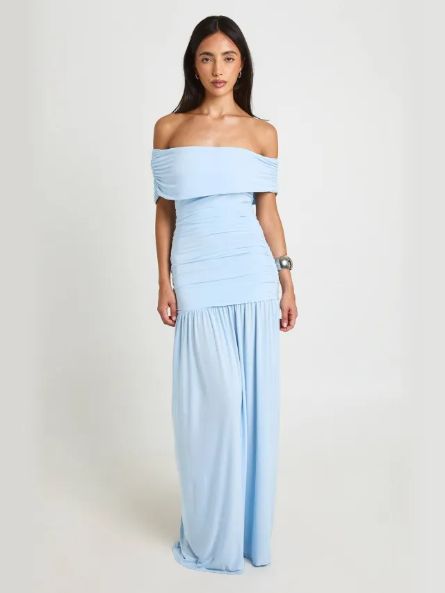 boohoo Dames Soft Touch Maxi Jurk Met Gedrapeerde Schouders Pastelblauw