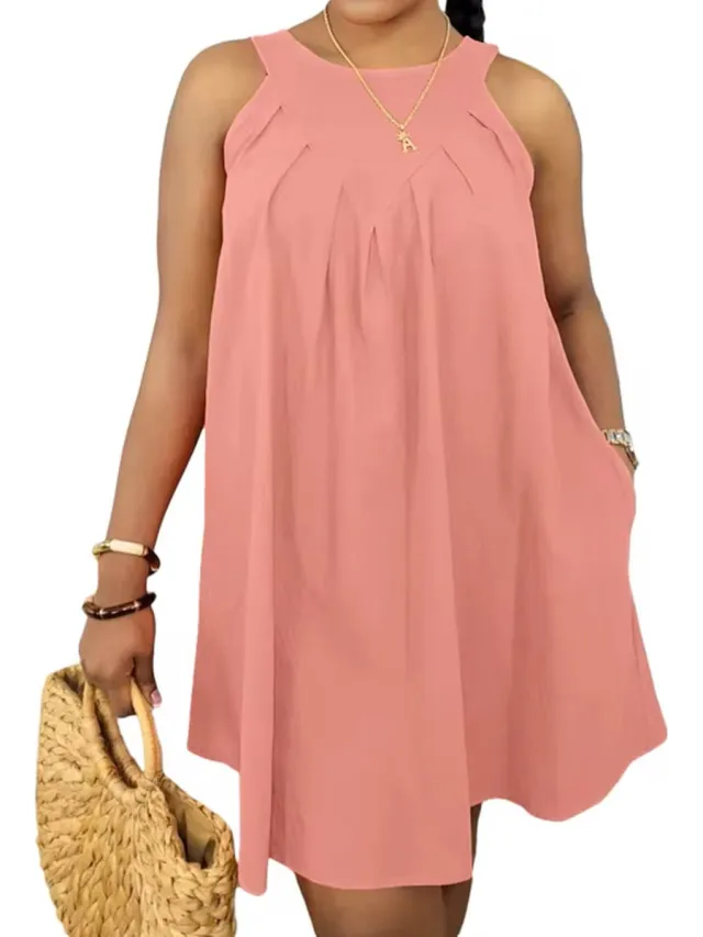ASTRADAVI Casual Chic - Dames Zomer Jurk - Mooie Crêpe Mouwloze Jurk met Zijzakken - Roze / Small