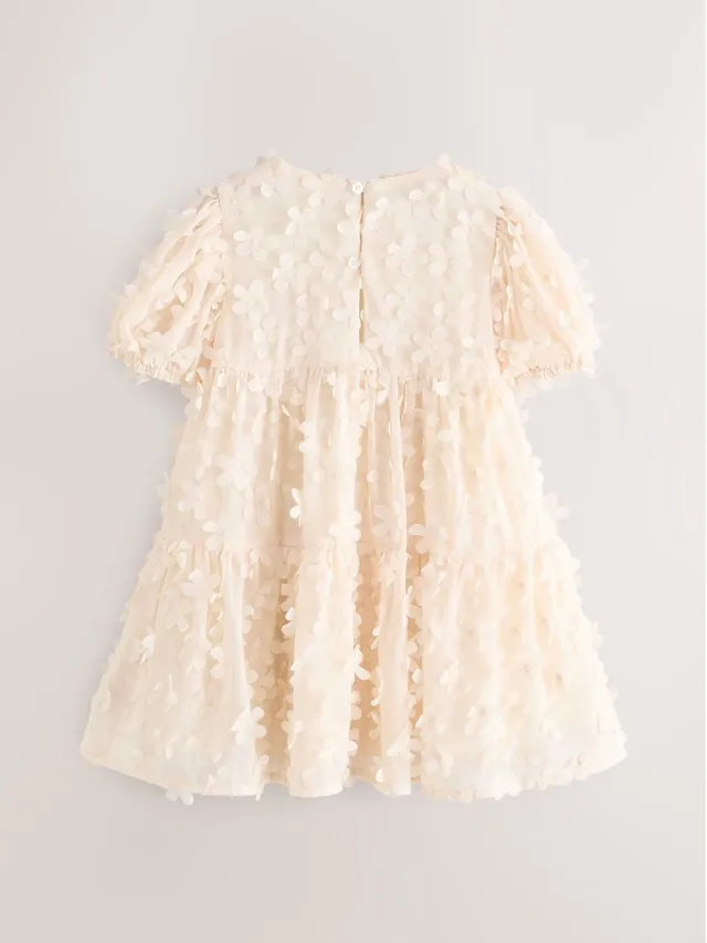 Next Meisjes - Jurk met korte mouwen en 3D-bloemenprint - Crème Ecru White