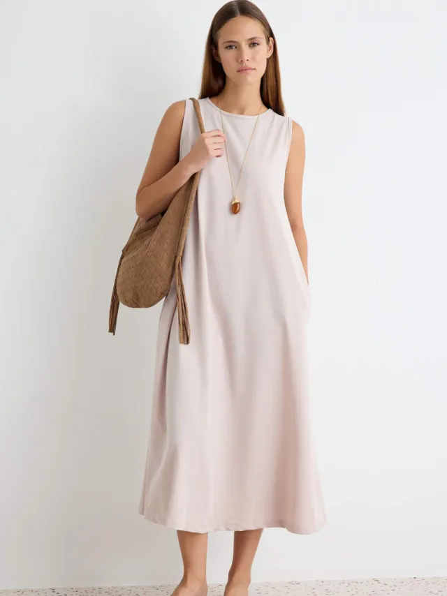 Trendyol TRENDYOLMİLLA Dames Beige Effen Midi Mouwloos A-lijn Jurken Gebroken wit