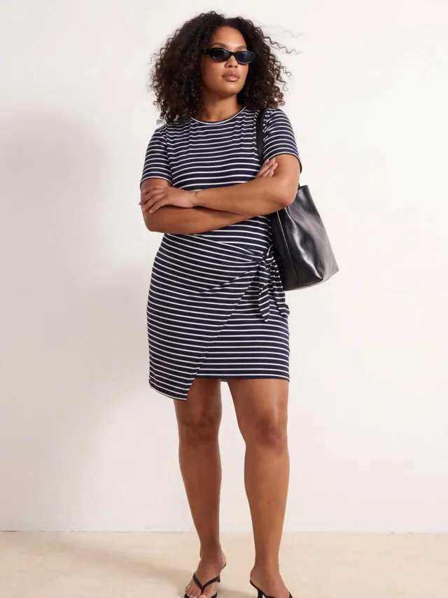 Trendyol Curve Dames Donkerblauw Gestreept Kort / Mini Kort Recht Grote maten Jurk Marineblauw/Blauw