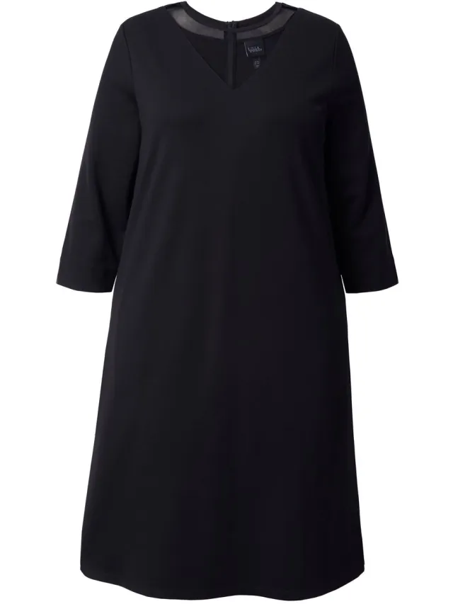 Ulla Popken Dames - Midi-jurk mesh-inzetstuk ronde hals 3/4-mouwen - Zwart - Maat 54+