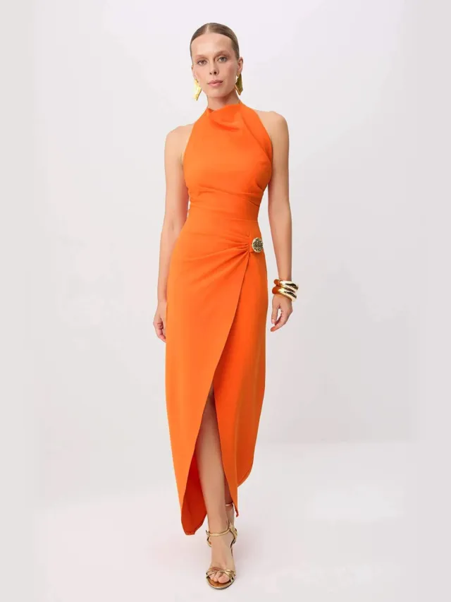 Trendyol TRENDYOLMİLLA Dames Oranje Effen Maxi Mouwloos Diploma-uitreiking / Gala Recht Avond & Gala Jurk