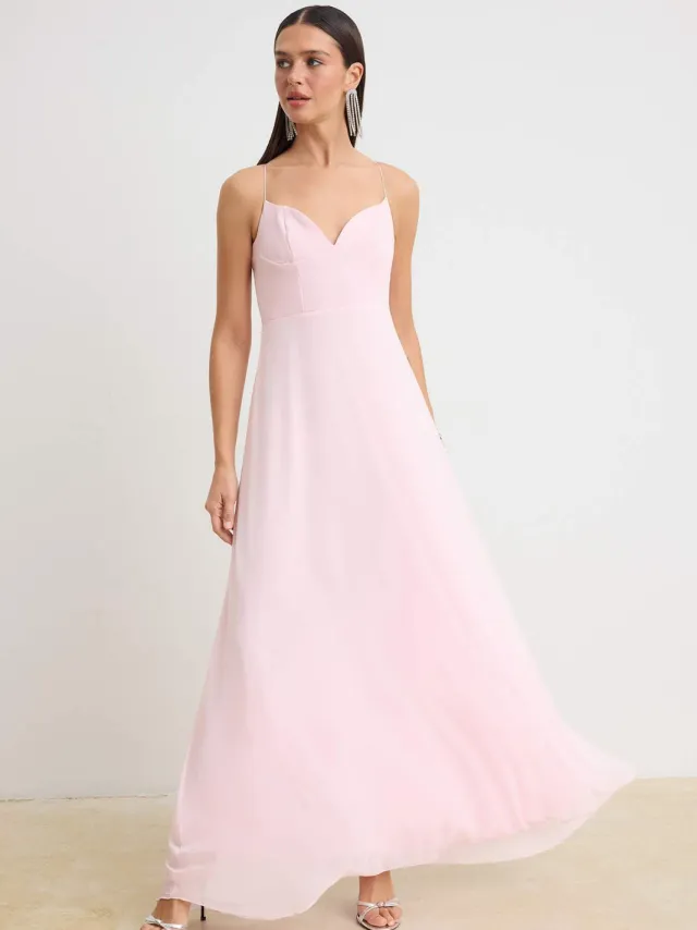 Trendyol TRENDYOLMİLLA Dames Roze Effen Maxi Mouwloos A-lijn Avond & Gala Jurk