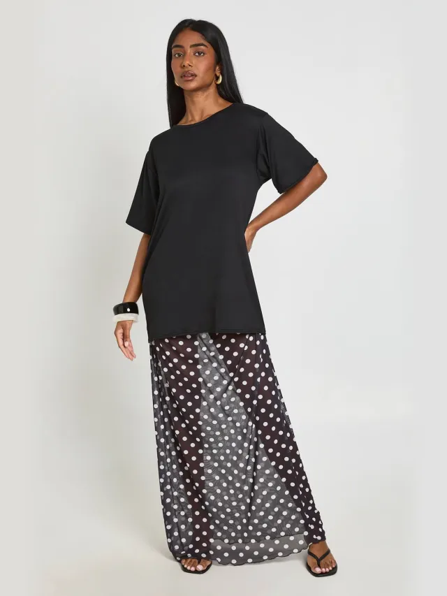 boohoo Dames T-shirt Jurk Met Polkadot Mesh Zoom Zwart