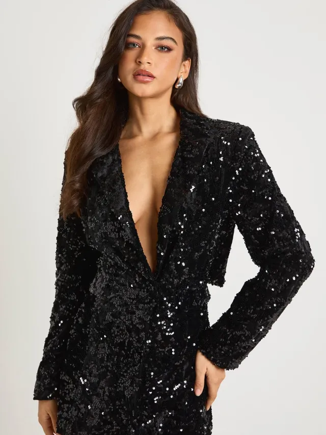 boohoo Dames Gestructureerde fluwelen kanten demask blazerjurk Zwart