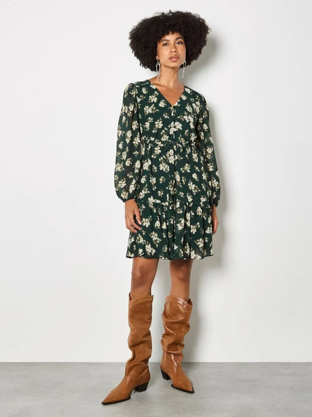 Apricot Chiffon mini-jurk met bloemenprint groen