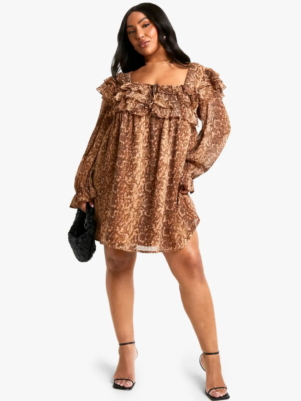 boohoo Dames Plus Snake Print Ruffle Smock Mini Jurk slangenprint, foto 3