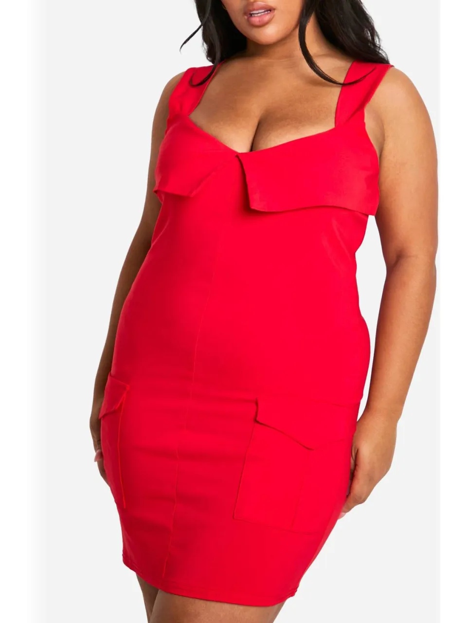 boohoo Dames Plus Bengaline Fold Detail Utility Bodycon Jurk rood, foto 4