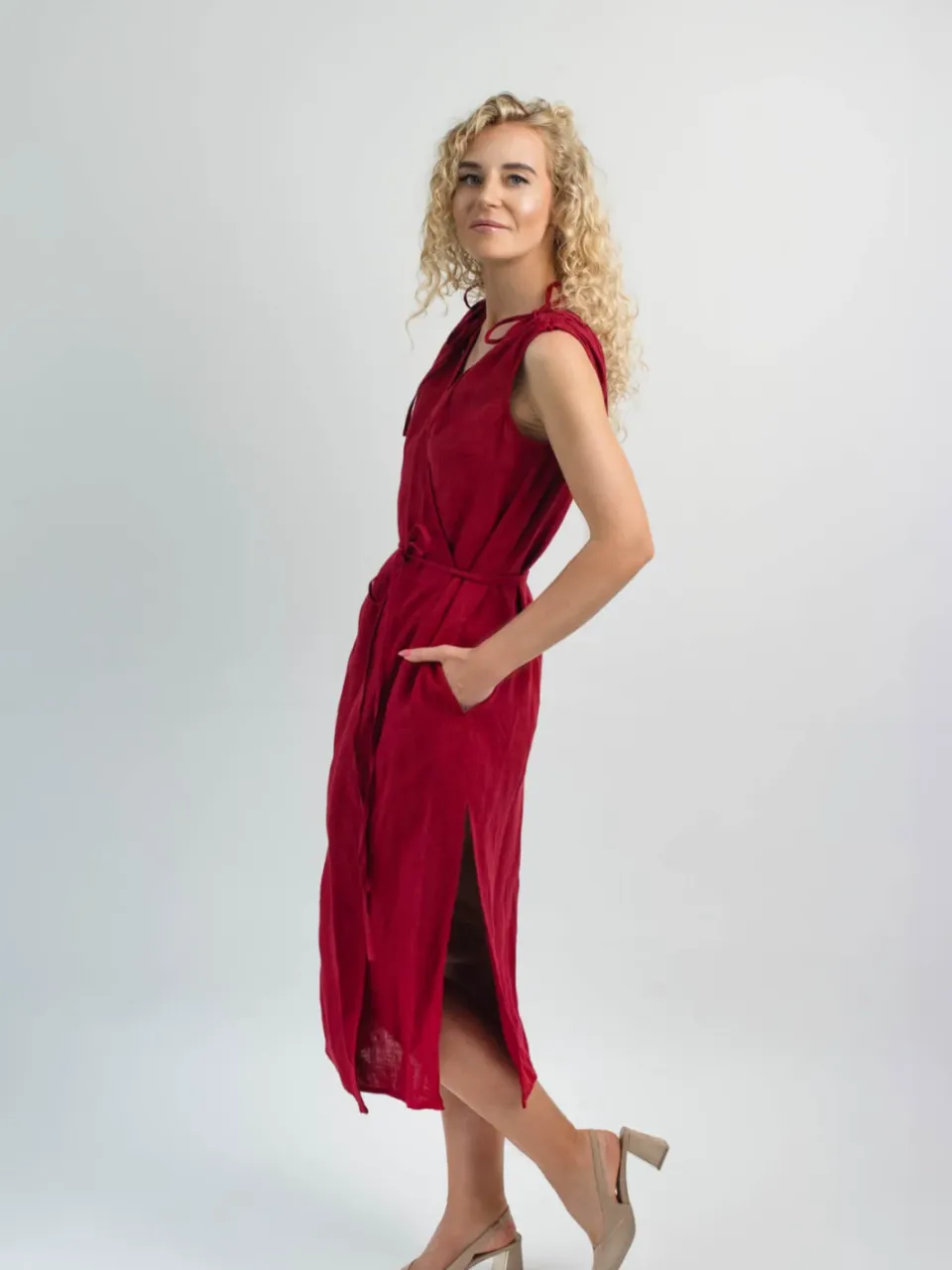 Amber Linen dames vegan Wikkeljurk Dubai Rood, foto 2
