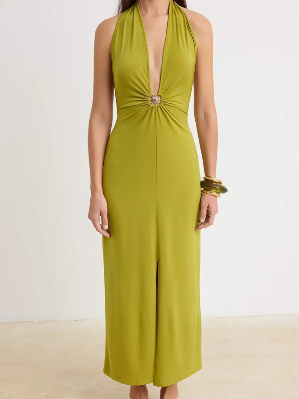 Trendyol TRENDYOLMİLLA Dames Groen Effen Maxi Mouwloos Strandkleding Bodycon Strandjurken