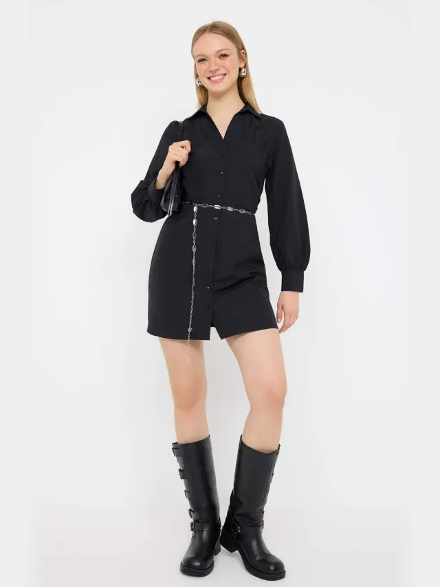 Trendyol TRENDYOLMİLLA Dames Zwart Effen Kort / Mini Lang Casual A-lijn Jurken