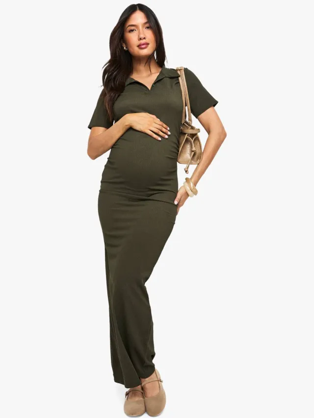 boohoo Dames Zwangerschapsjurk maxi met textuur en knoopdetail Kaki
