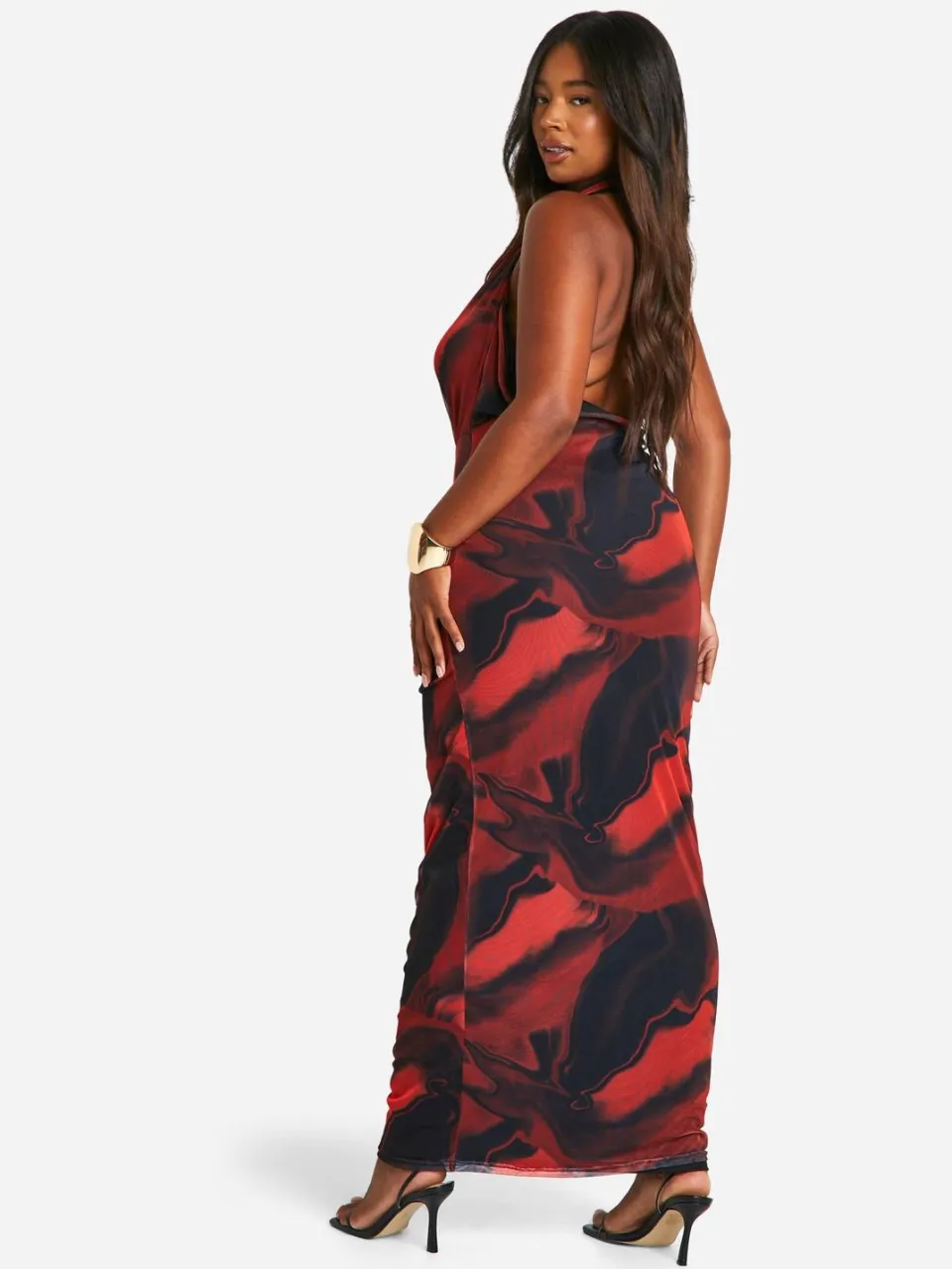 boohoo Dames Plus Floral Mesh Cowl Neck Maxi Jurk rood, foto 2