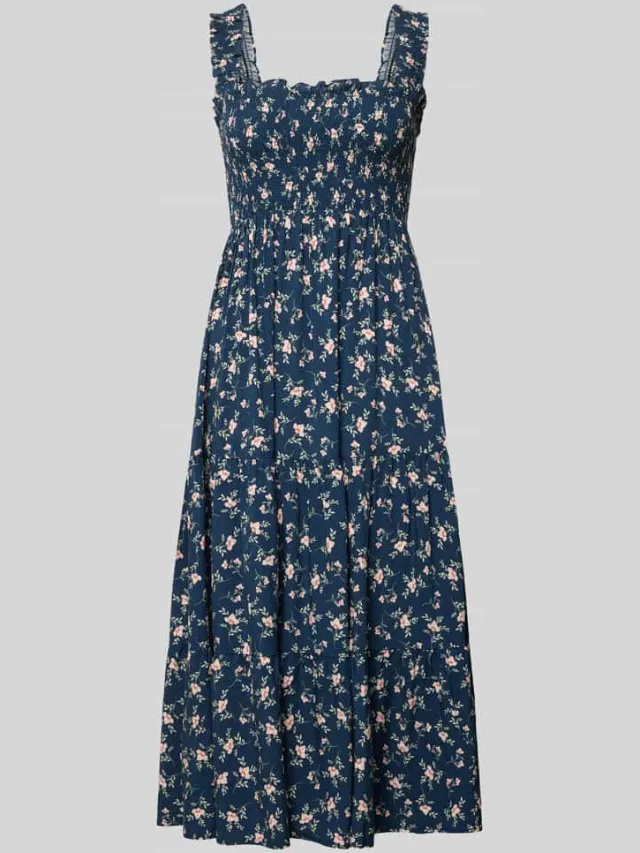 Apricot midi-jurk met ruches en vierkante hals Marineblauw