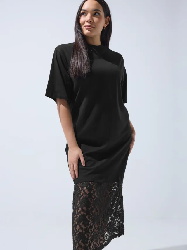 Limited Collection Zwarte Katoenen Jurk Met Kanten Zoom Black
