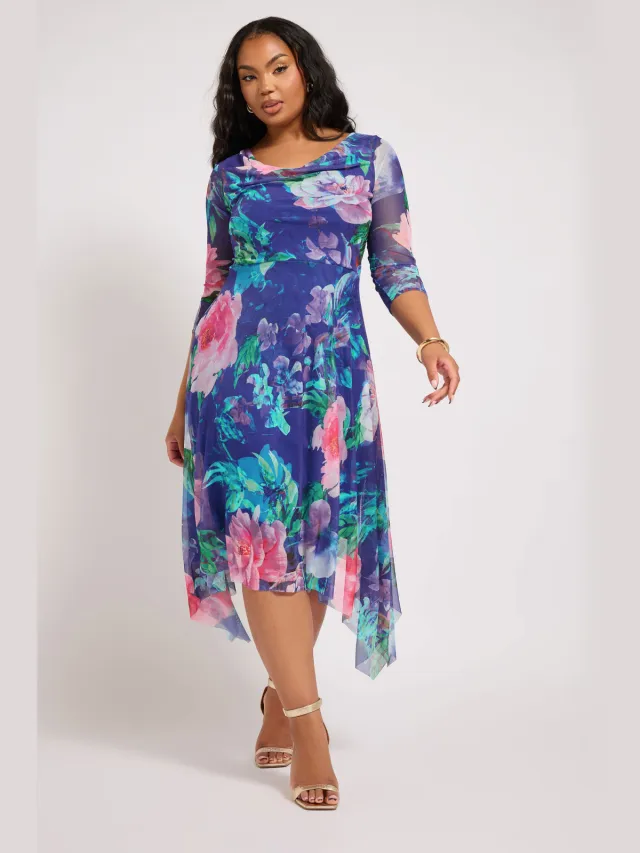 Yours London Asymmetrische Mesh Jurk Met Bloemenmotief In Blauw/Roze Blue