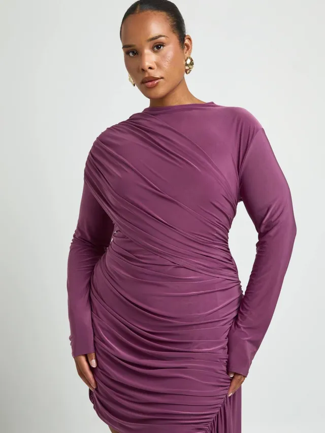boohoo Dames Plus Geplooid Mini-jurkje Met Lange Mouwen En Draperie-detail Roos