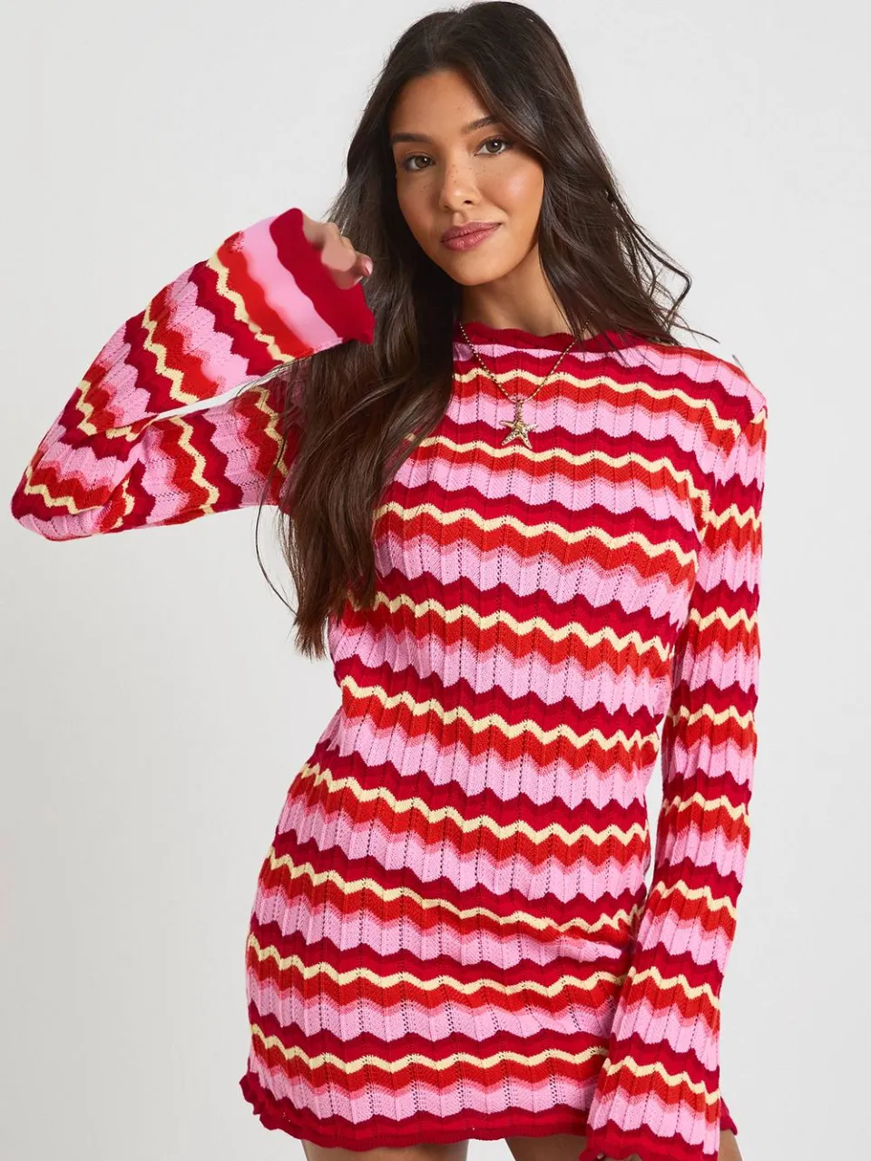 boohoo Dames Gebreide Gestreepte Mini-jurk Met Lange Mouwen roze, foto 4
