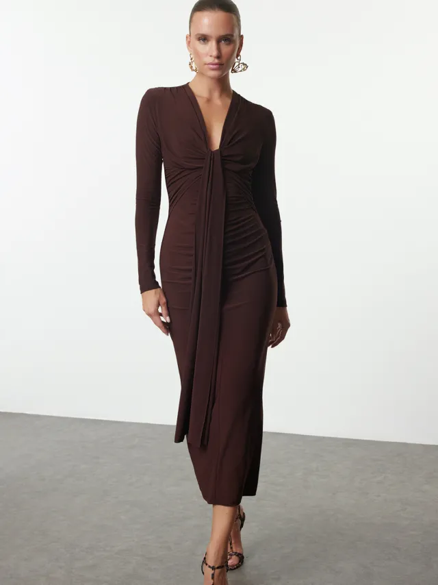 Trendyol TRENDYOLMİLLA Dames Bruin Effen Maxi Lang Stijlvol/Avond Bodycon Jurken