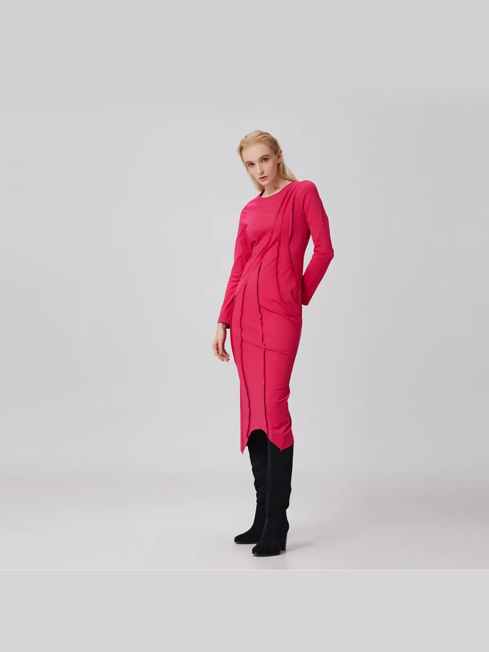 S&J Weekends Jurk met asymmetrische structuurlijnen fuchsia, foto 2