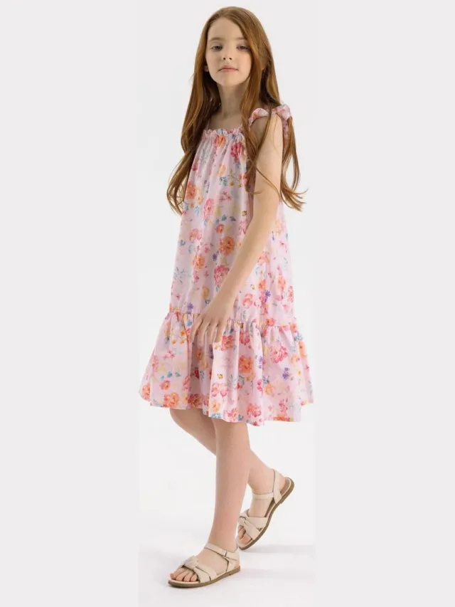 Minoti jurk meisjes bloemen roze - zomerjurk met bandjes en ruches