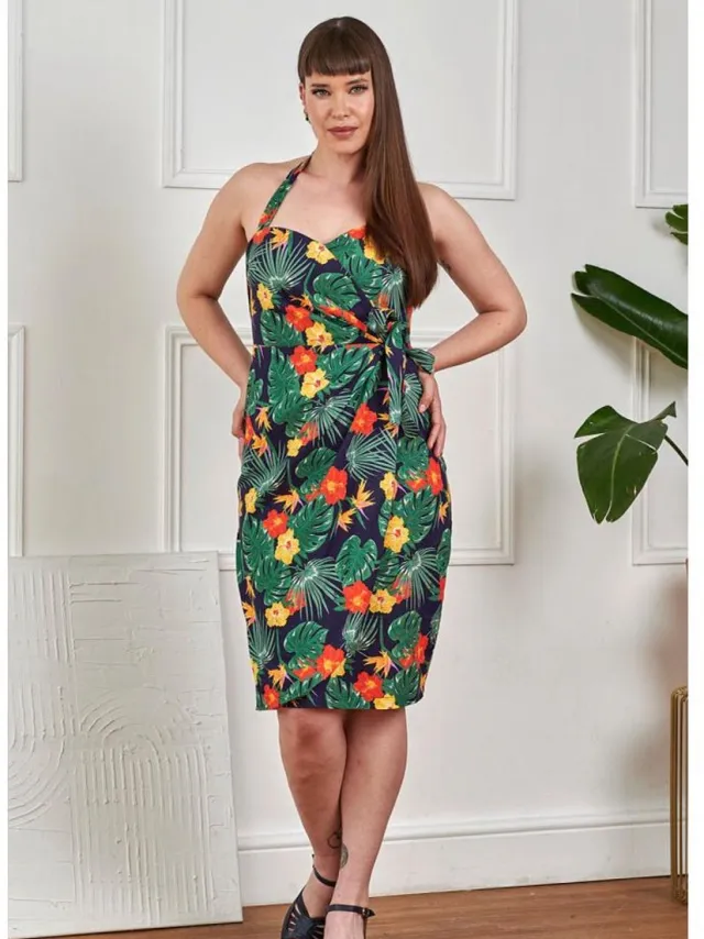 Banned Evie Tropical Summer Sarong Kokerjurk - S - Donkerblauw
