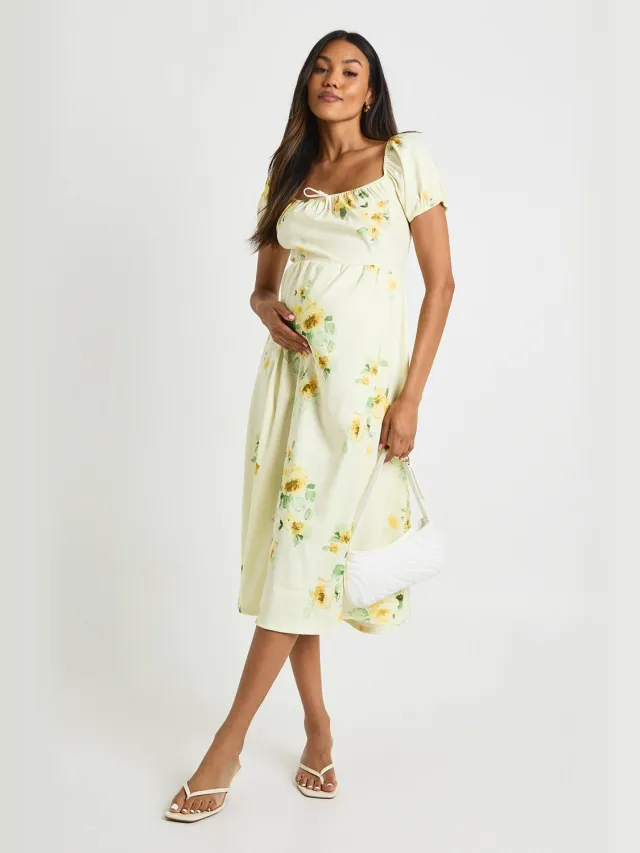 boohoo Dames zwangerschapsjurk met bloemenprint in melkmeesjestijl midi jurk Citroen
