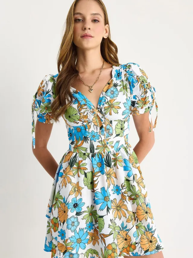 Bianco Lucci Geprinte V-hals Cut Out Midi Jurk Hemelsblauw