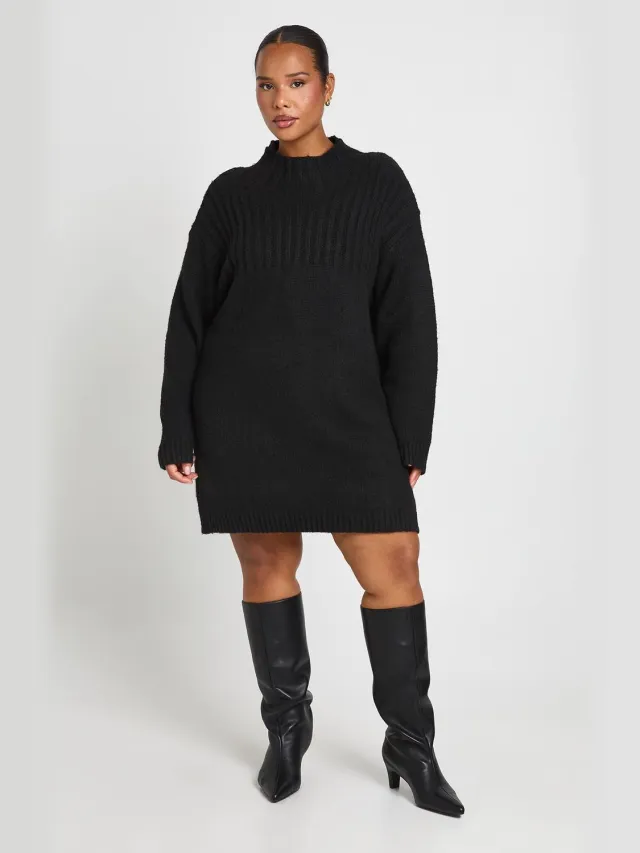 boohoo Dames Plus Hoogsluitende Oversized Gebreide Mini-trui Jurk Zwart