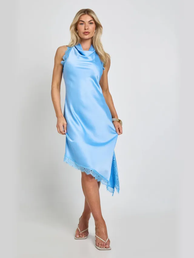 boohoo Dames Midi-jurk Van Gestructureerd Satijn Met Kanten Afwerking Pastelblauw