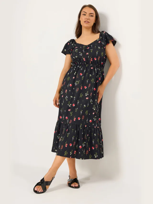 Yours Zwarte Maxijurk Met Bloemenprint En Plooien Black