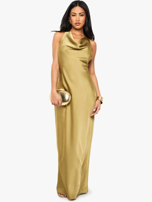 boohoo Dames Satijnen maxi-jurk met gedrapeerde rug Olijf