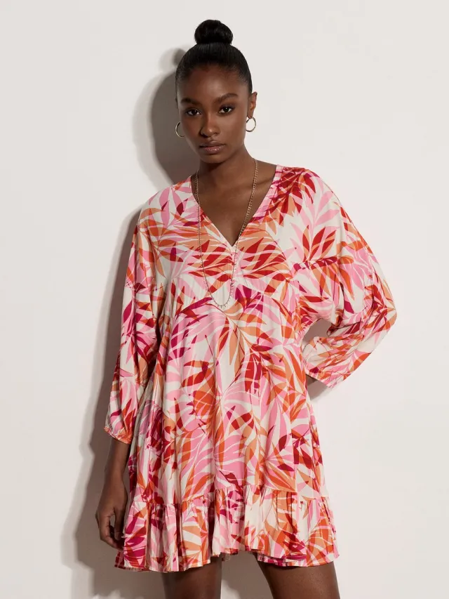 Apricot Mini-jurk met tropische bladerenprint Pink