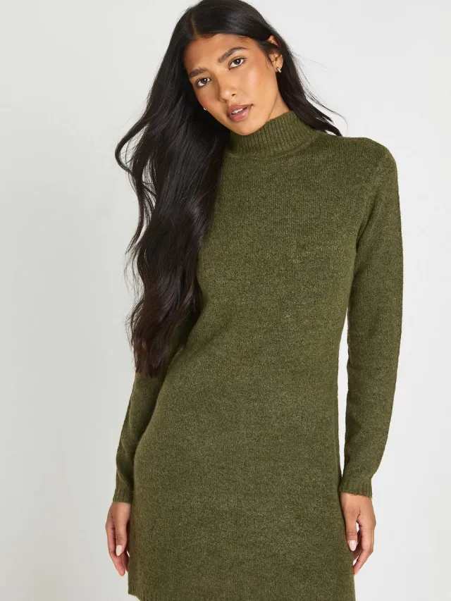 boohoo Dames Tall Hoge Col Super Zachte Gebreide Mini Jurk Kaki