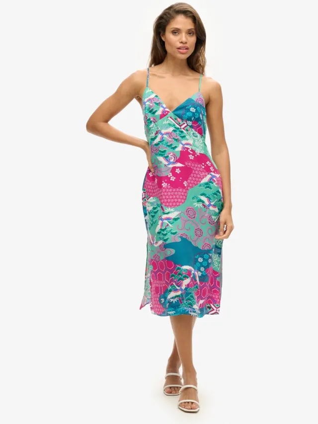 Superdry Halflange cami-slipjurk met print - Dames - Jurken megenta stork cloud