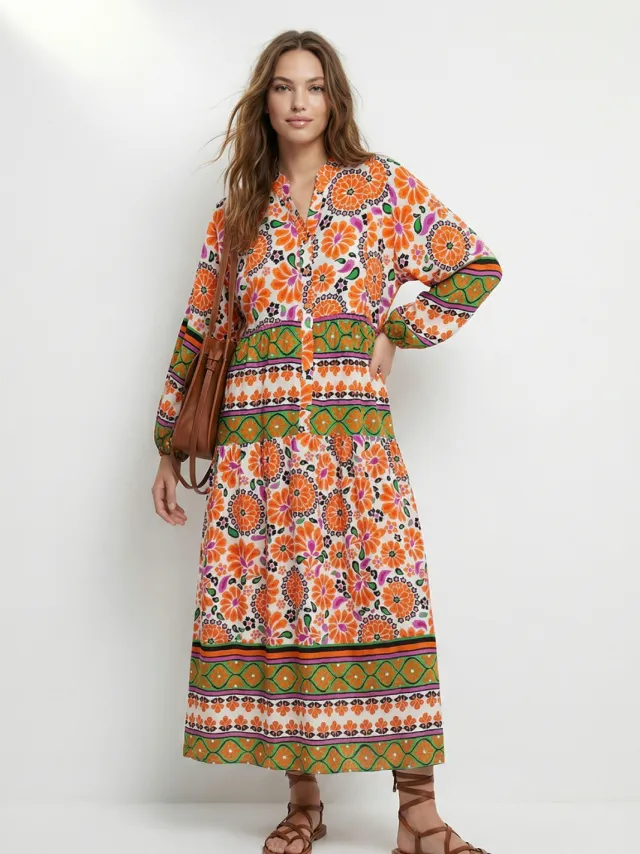 Trendyol Modest Dames Oranje Etnisch patroon Maxi Lang Casual A-lijn Modest Jurken
