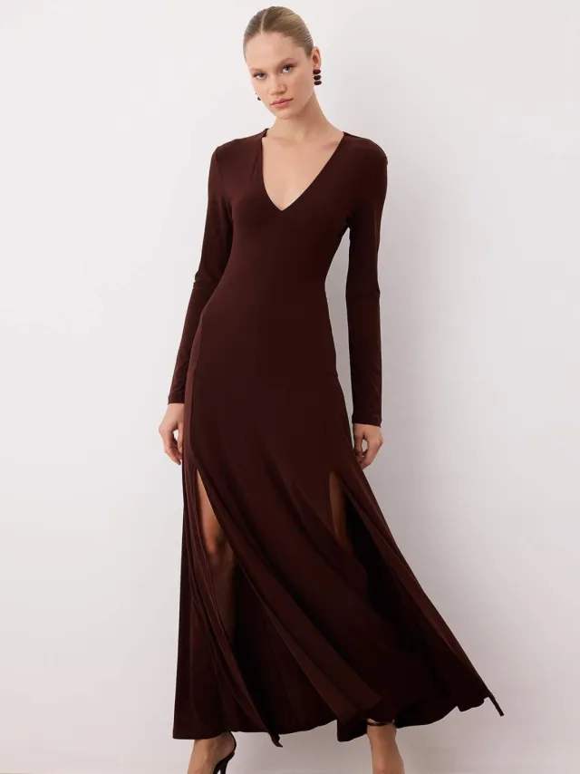 Trendyol TRENDYOLMİLLA Dames Bruin Effen Maxi Lang Avond / Dagelijks Bodycon Jurken