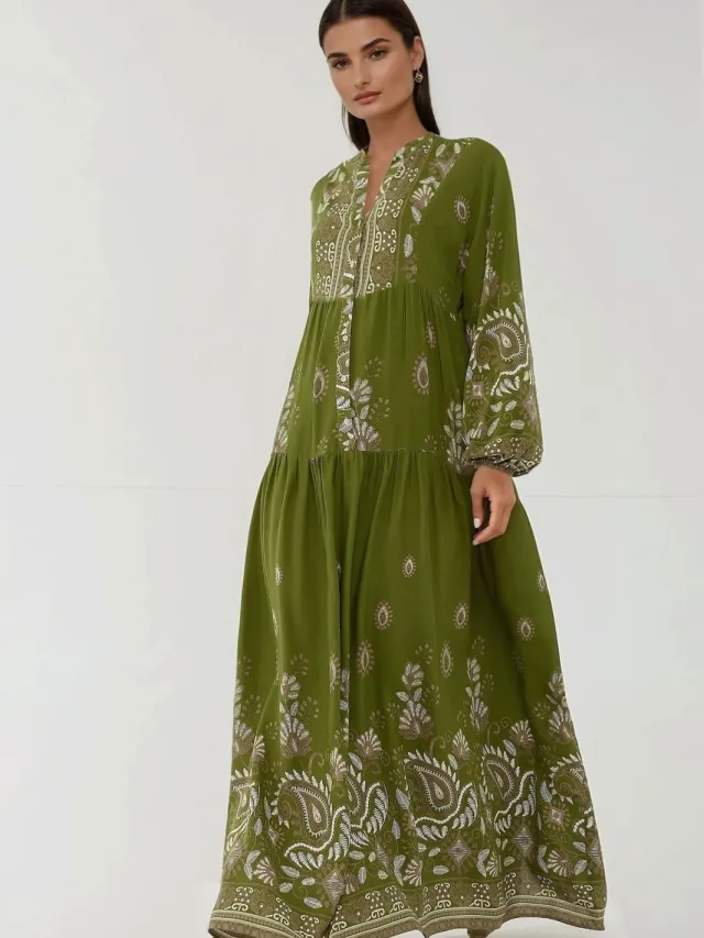 Hiccup Bedrukte Lange Mouwen Viscose Maxi Jurk Kaki
