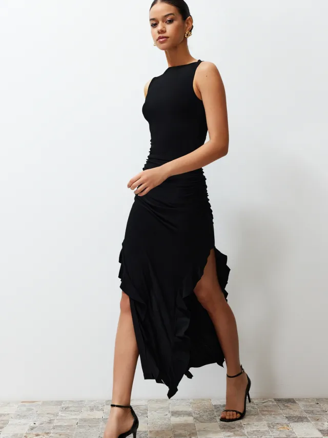 Trendyol TRENDYOLMİLLA Dames Zwart Effen Maxi Mouwloos Avond / Dagelijks Bodycon Jurken, foto 2