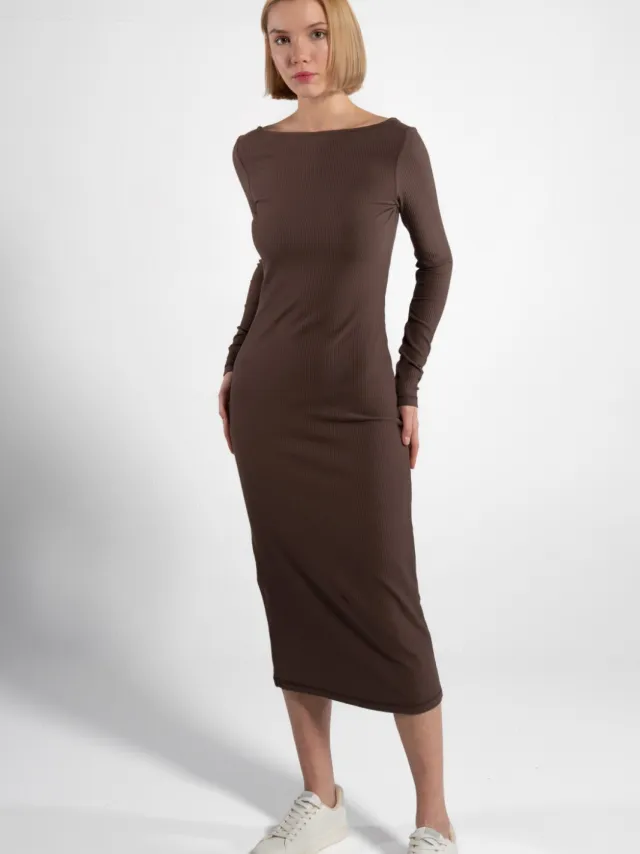 GORG dames vegan Jurk Lange Mouw Geribd Mokkabruin