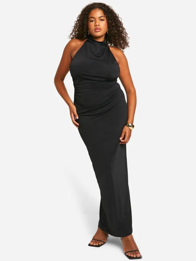 boohoo Dames Plus Double Slinky Twist Back Detail Maxi Jurk Zwart