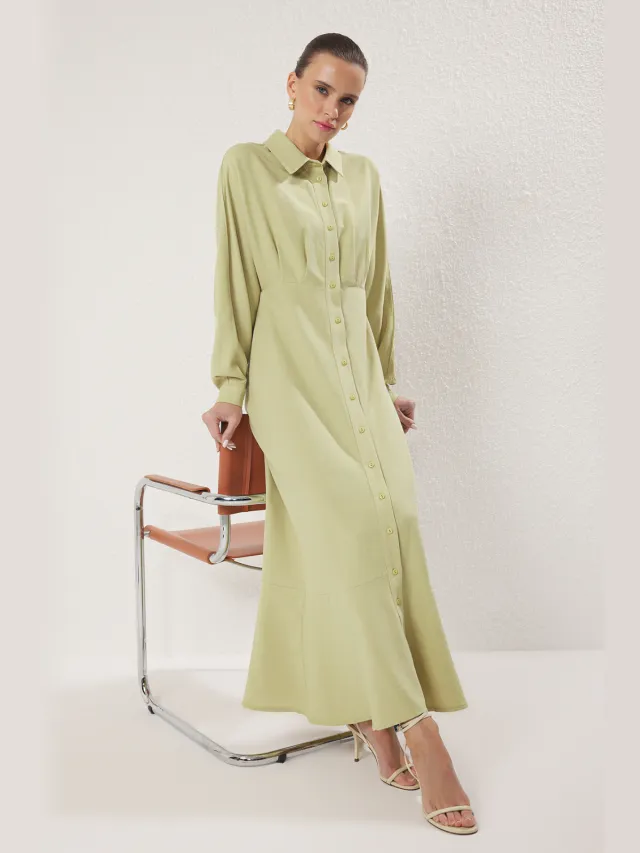 Trendyol Modest Dames Kaki Effen Maxi Lang Casual Blousejurk Modest Jurken