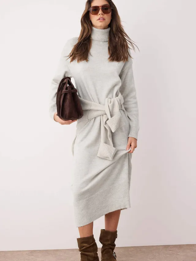 Trendyol TRENDYOLMİLLA Dames Beige Gestreept Midi Lang Casual Recht Jurken Steen