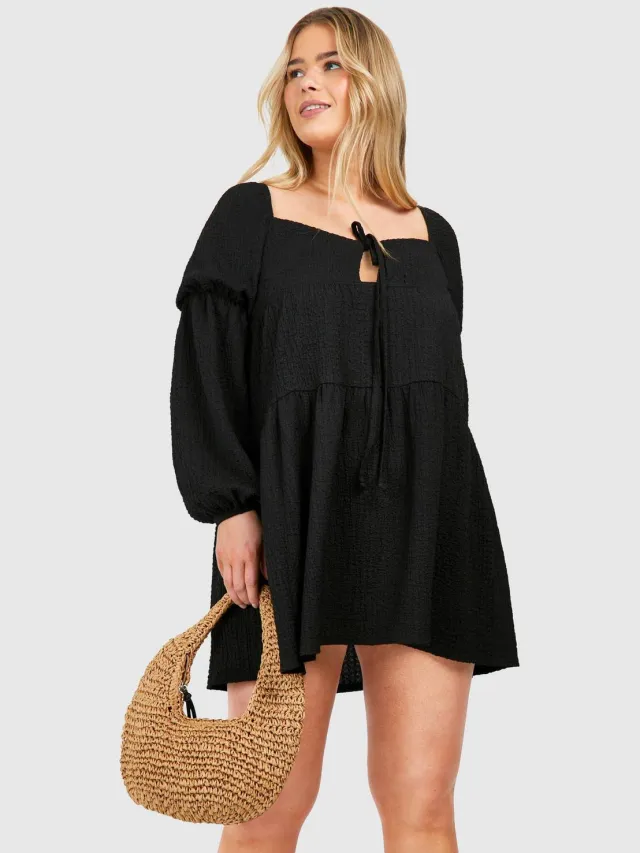 boohoo Dames Plus Gestructureerde Gelaagde Smock Jurk Zwart