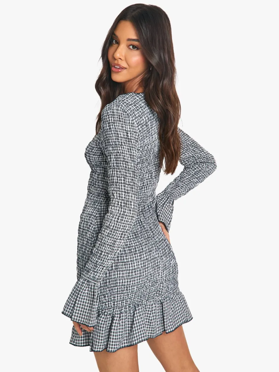 boohoo Dames Check Shirred Langarm Mini Jurk zwart, foto 2
