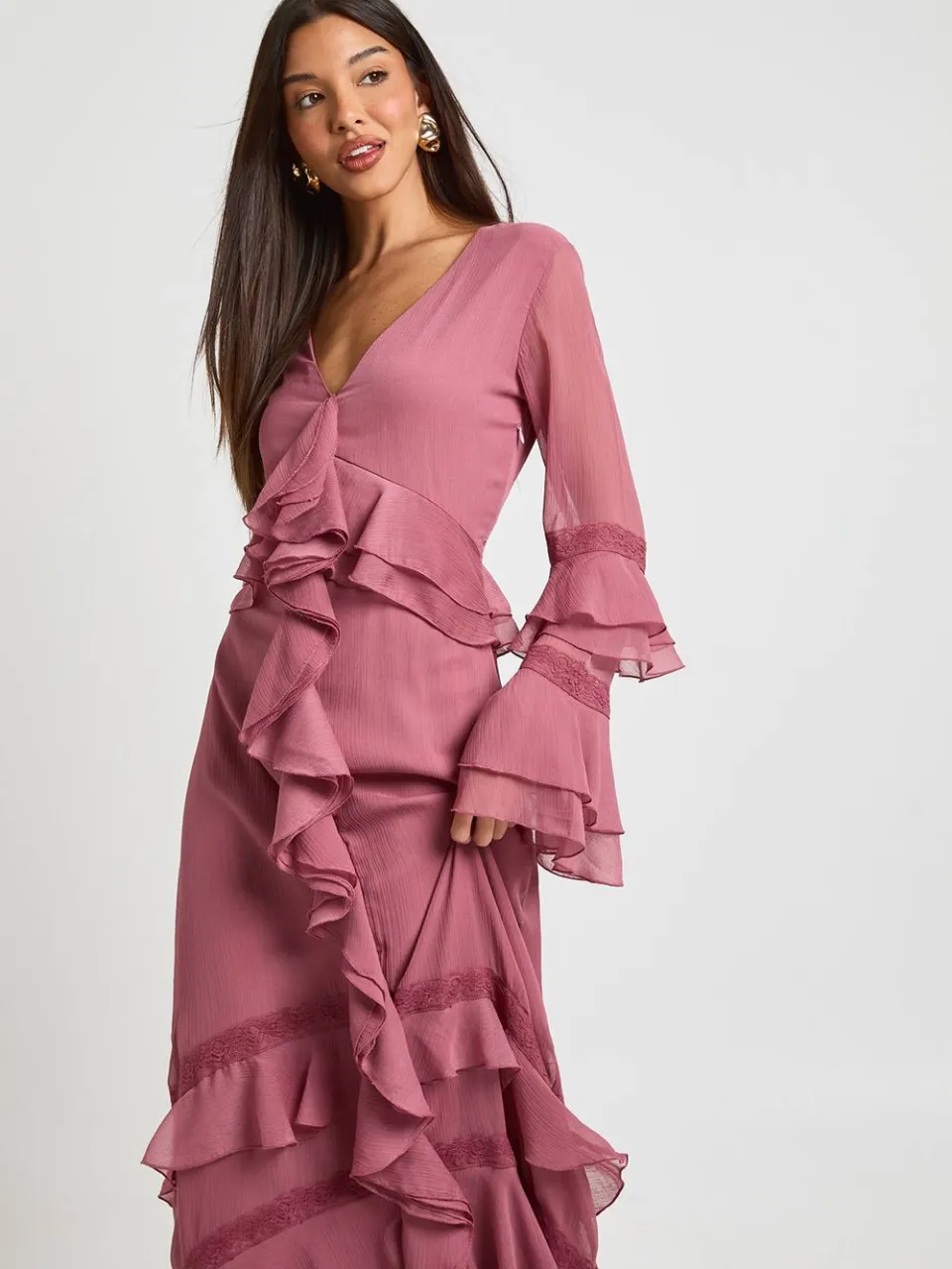 boohoo Dames Chiffon Ruches Kant Detail Maxi Jurk roos, foto 2