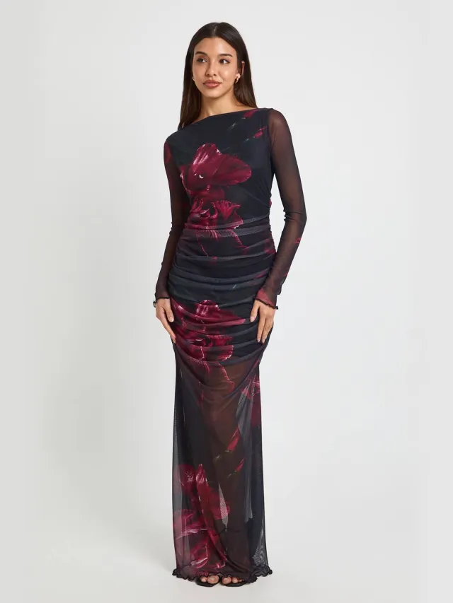 boohoo Dames Maxi Jurk Met Vervaagd Bloemendessin En Gerimpeld Mesh Bordeaux Rood