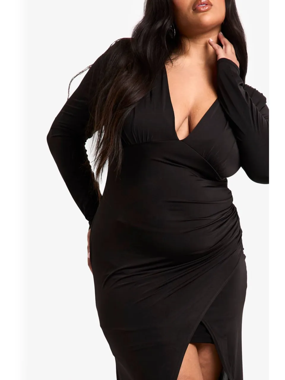 boohoo Dames Plus Dubbele Schouderpad Wrap Maxi Jurk zwart, foto 3