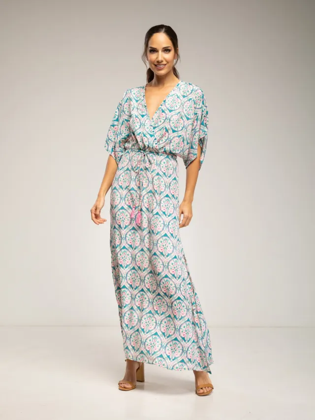 Tantra Lange jurk met dierenprint, overslagkraag, gerimpelde taille en zijsplitjes Blauw